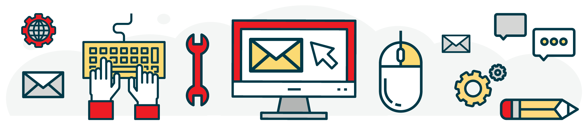 Hands typing on a keyboard, monitor with mail icon, mouse, wrench, globe, speech bubbles, pencil, and gears