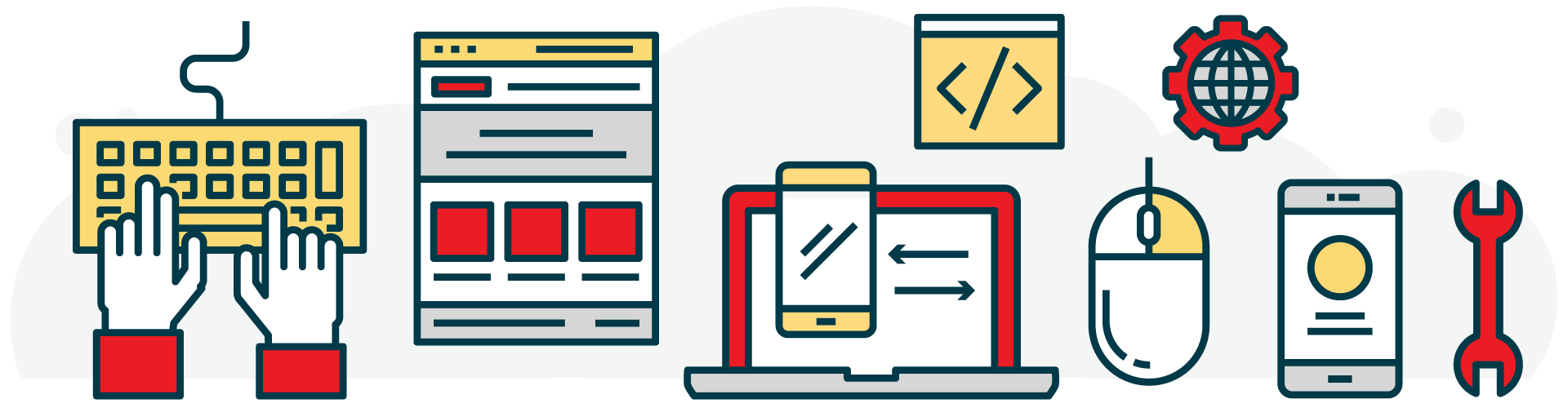 Stylized hands typing on a keyboard, with web page layout, coding, phone, mouse, and wrench icons