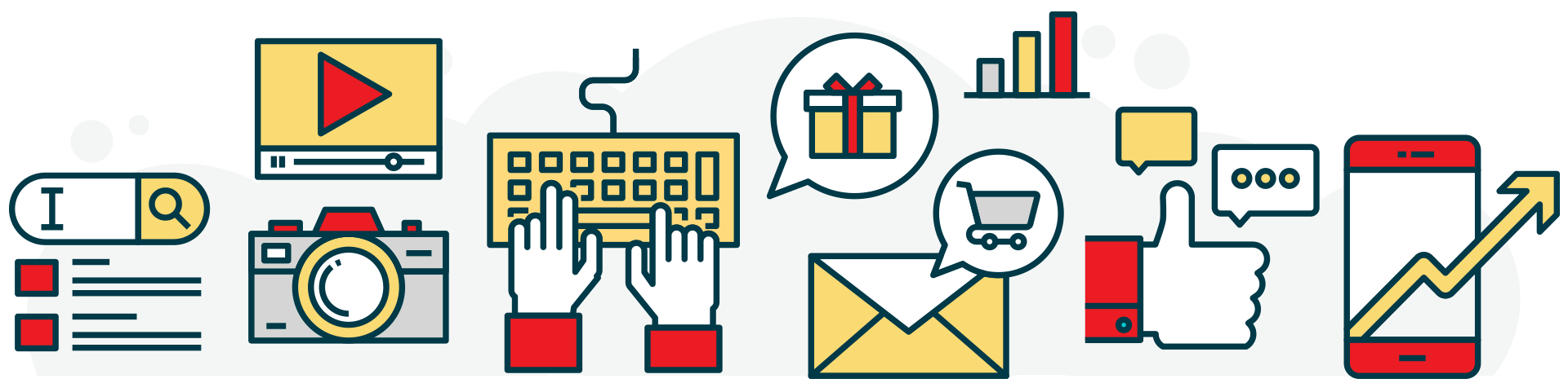 Icons representing digital marketing: search bar, video player, camera, keyboard, gift, shopping cart, email, social media, p