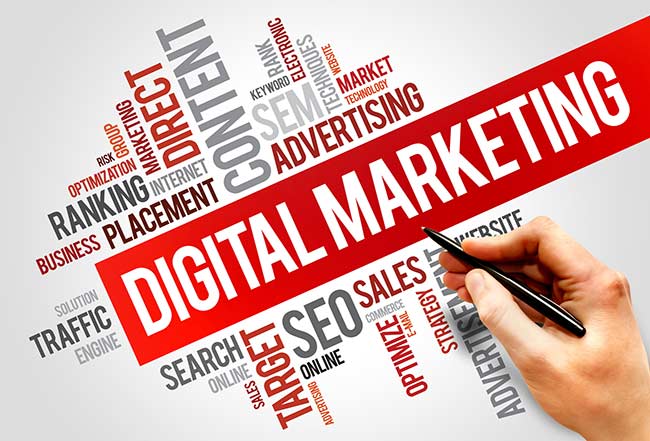 Hand writing on a digital marketing word cloud with words like content, SEO, and traffic