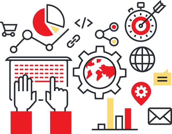 Hands at a laptop with icons for a pie chart, shopping cart, code, globe, and email