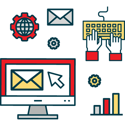 Computer monitor, envelope, gear, hands typing on keyboard, globe icon, and bar graph
