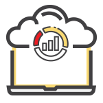 laptop under a cloud icon with a circular data chart and bar graph