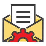 An open yellow envelope with a document and a red gear icon inside