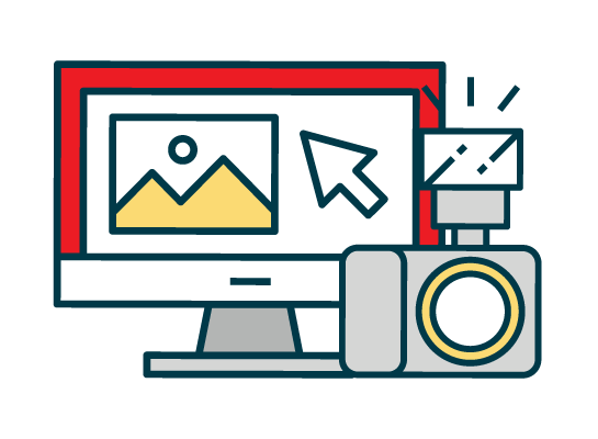 Computer monitor displaying a mountain image icon and a mouse cursor, with a camera and flash