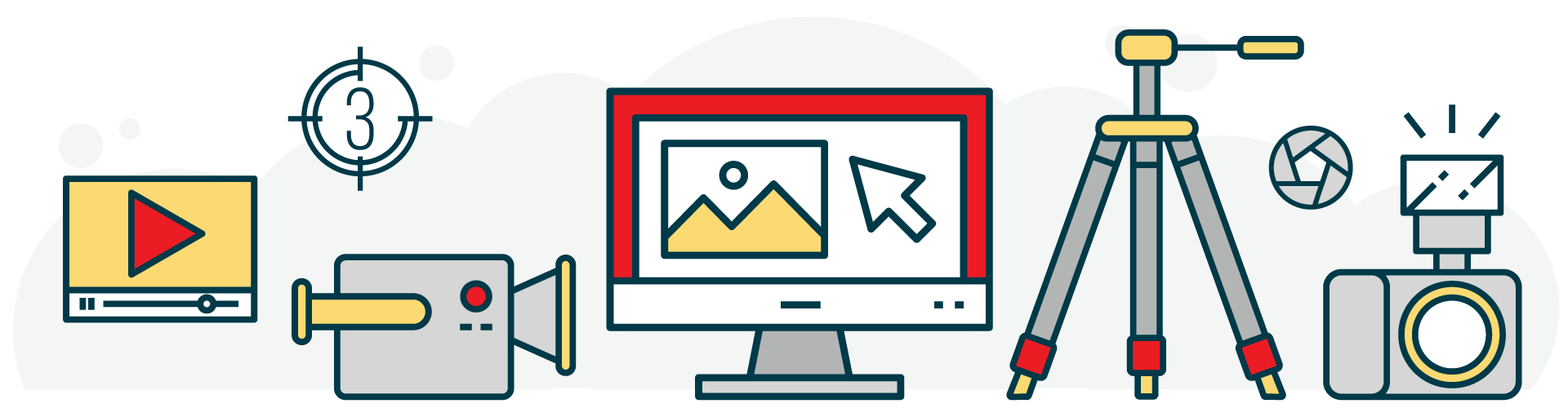 Icons of a video player, countdown, video camera, desktop computer with image, tripod, and a camera with flash