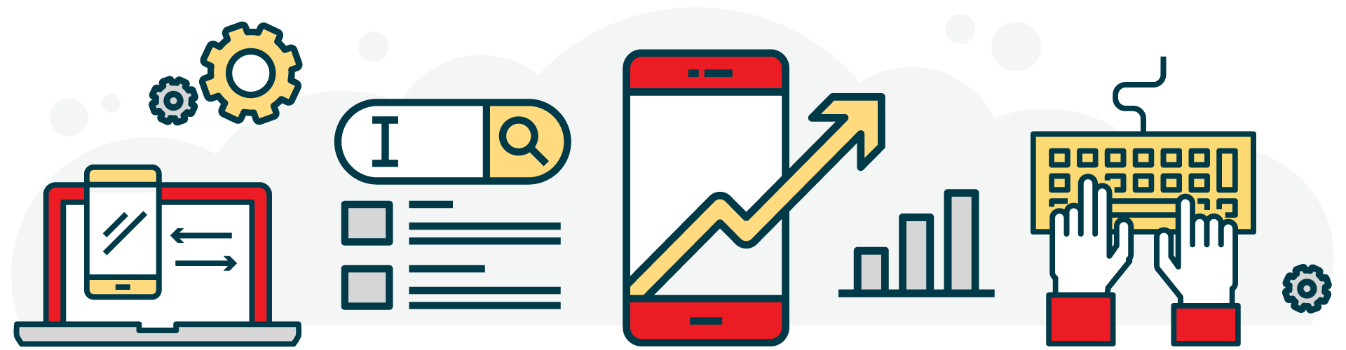Outline illustration of a laptop, phone, search bar, graph, and hands typing on a keyboard