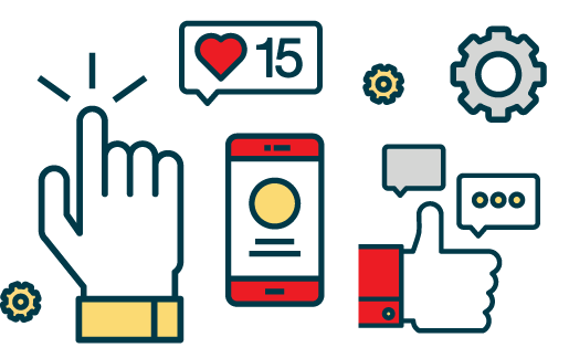 Outline illustrations of a clicking hand, smartphone, and social networking icons