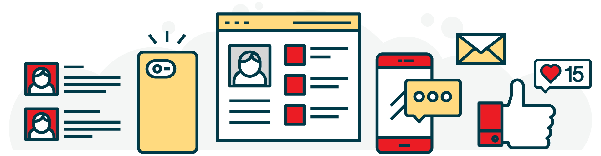Illustration of user profiles, social media app, message, likes, and a camera phone