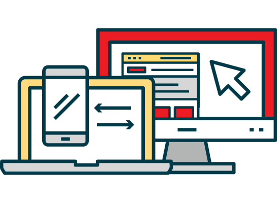 Outline illustration of a laptop, smartphone, and desktop monitor with arrows indicating data transfer