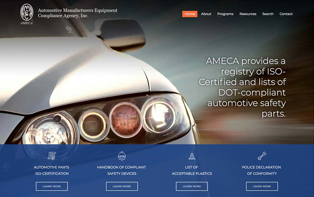 Website homepage for AMECA with a car headlight and navigation links