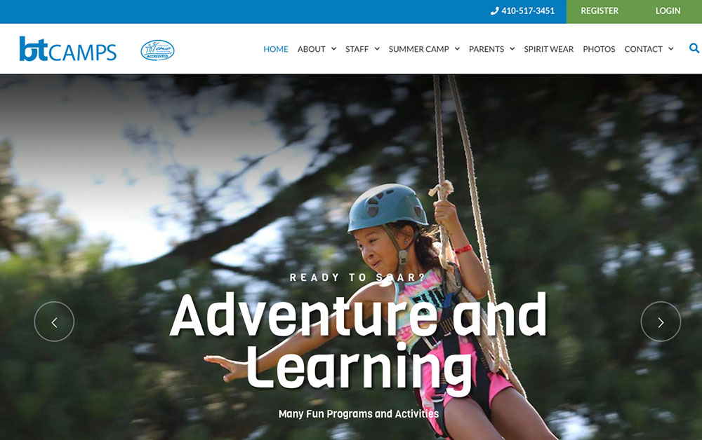 Girl in a helmet and harness on a rope course with text “Adventure and Learning”