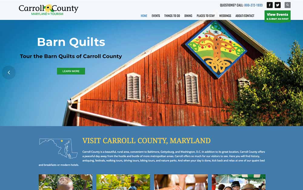 Website showing a red barn with a large painted quilt block against a clear blue sky